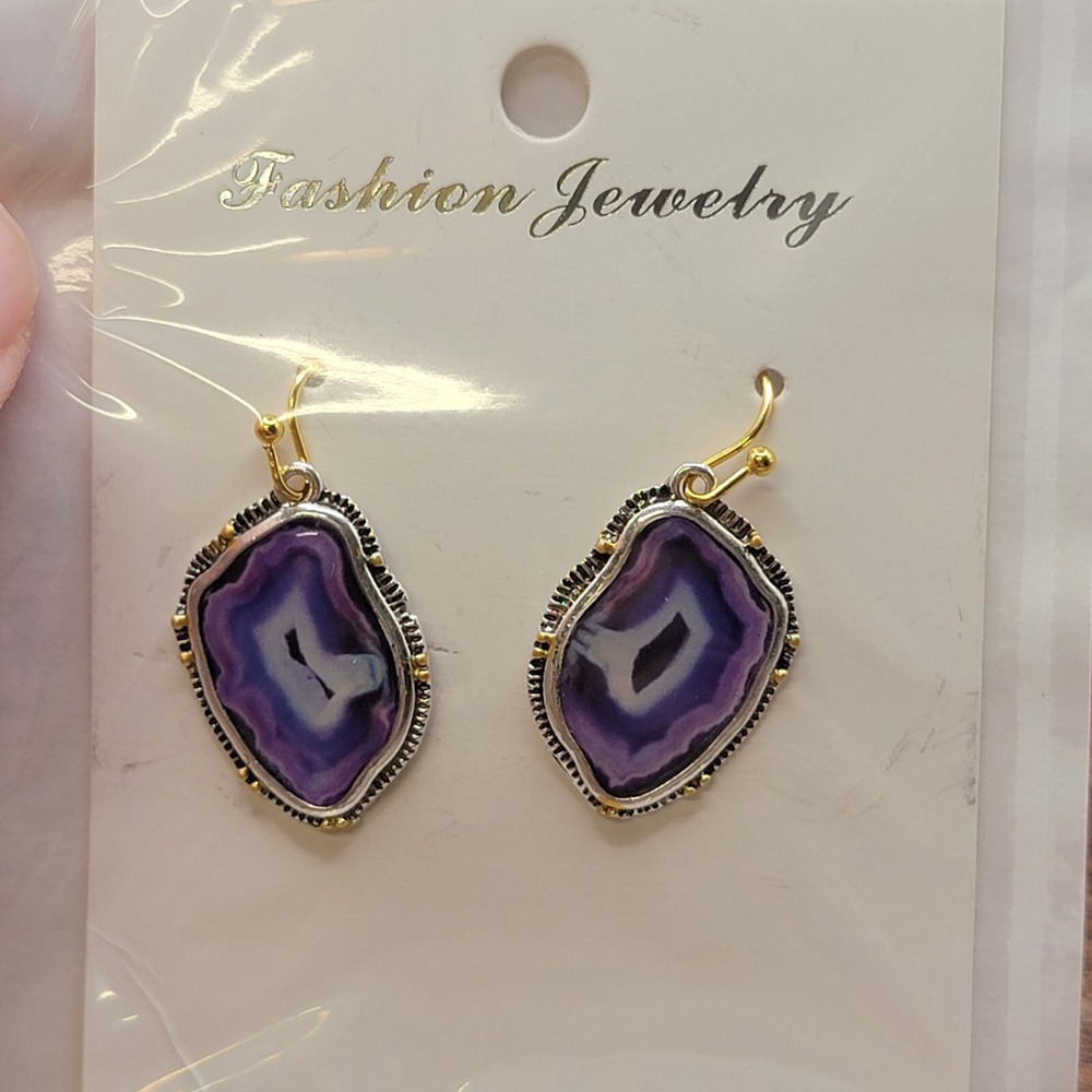 Purple Flat Agate Stone Earrings